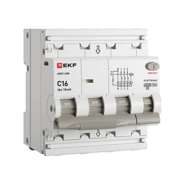 Дифавтомат EKF PROxima АВДТ-63N 3P+N 16А 10мА характеристика C тип А трехфазный электронный 6кА (дифференциальный автомат, АВДТ)