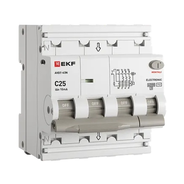 Дифавтомат EKF PROxima АВДТ-63N 3P+N 25А 10мА характеристика C тип А трехфазный электронный 6кА (дифференциальный автомат, АВДТ)