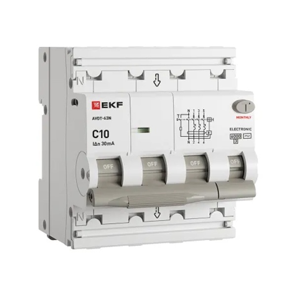 Дифавтомат EKF PROxima АВДТ-63N 3P+N 10А 30мА характеристика C тип АС трехфазный электронный 6кА (дифференциальный автомат, АВДТ)