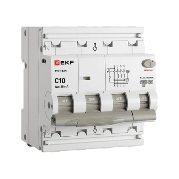 Дифавтомат EKF PROxima АВДТ-63N 3P+N 10А 30мА характеристика C тип А трехфазный электронный 6кА (дифференциальный автомат, АВДТ)