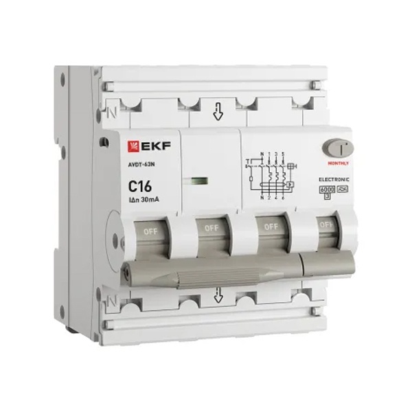 Дифавтомат EKF PROxima АВДТ-63N 3P+N 16А 30мА характеристика C тип А трехфазный электронный 6кА (дифференциальный автомат, АВДТ)