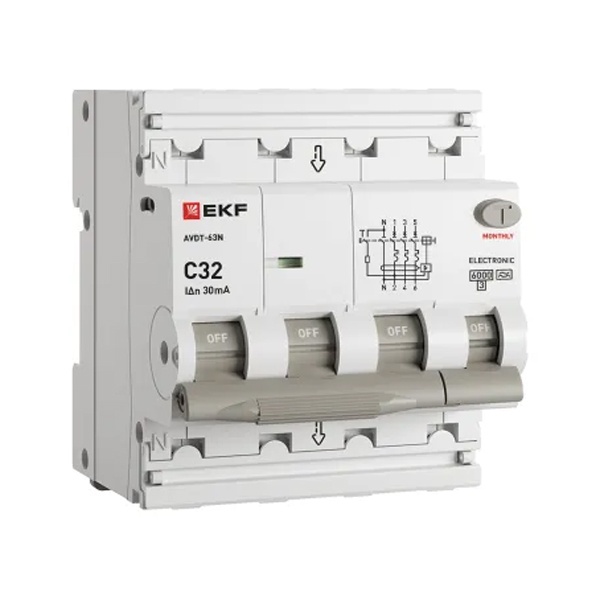 Дифавтомат EKF PROxima АВДТ-63N 3P+N 32А 30мА характеристика C тип А трехфазный электронный 6кА (дифференциальный автомат, АВДТ)