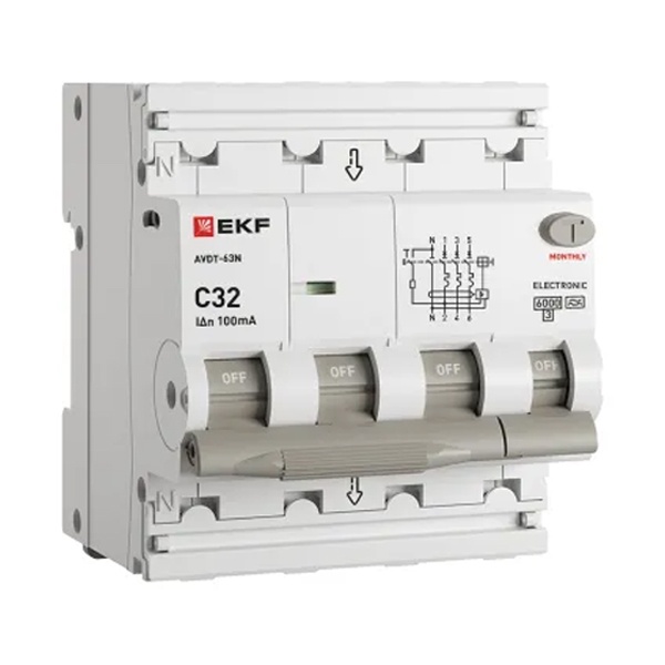 Дифавтомат EKF PROxima АВДТ-63N 3P+N 32А 100мА характеристика C тип А трехфазный электронный 6кА (дифференциальный автомат, АВДТ)