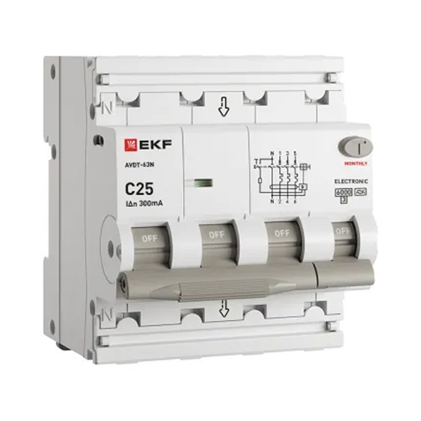 Дифавтомат EKF PROxima АВДТ-63N 3P+N 25А 300мА характеристика C тип А трехфазный электронный 6кА (дифференциальный автомат, АВДТ)