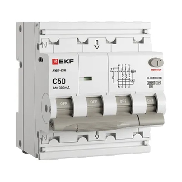 Дифавтомат EKF PROxima АВДТ-63N 3P+N 50А 300мА характеристика C тип А трехфазный электронный 6кА (дифференциальный автомат, АВДТ)