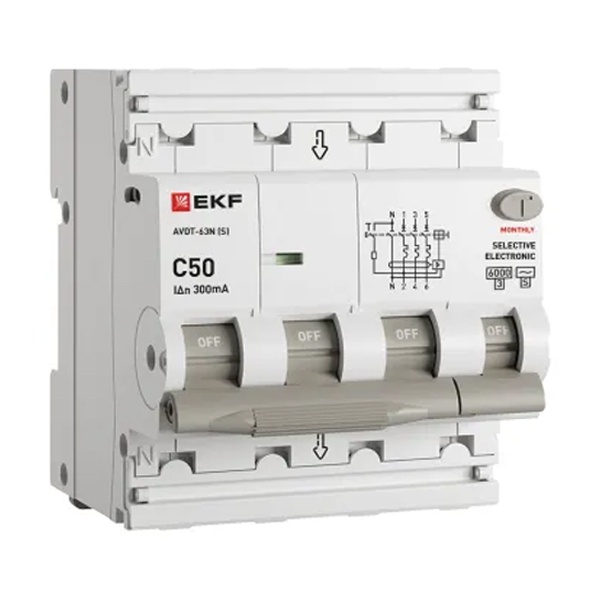 Дифавтомат EKF PROxima АВДТ-63N (S) 3P+N C50А 300мА тип АС трехфазный селективный электронный 6кА (дифференциальный автомат, АВДТ)