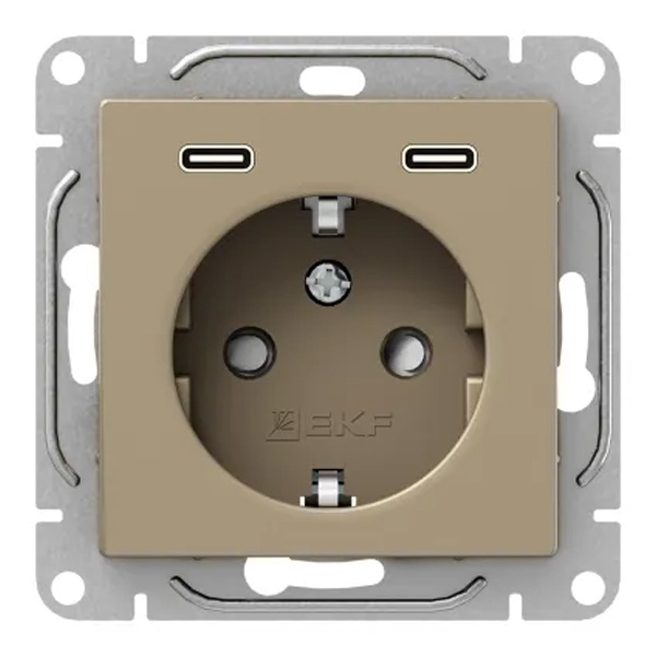 Механизм розетки EKF 2P+E 16А с USB-C - 2шт со шторками Эпика шампань
