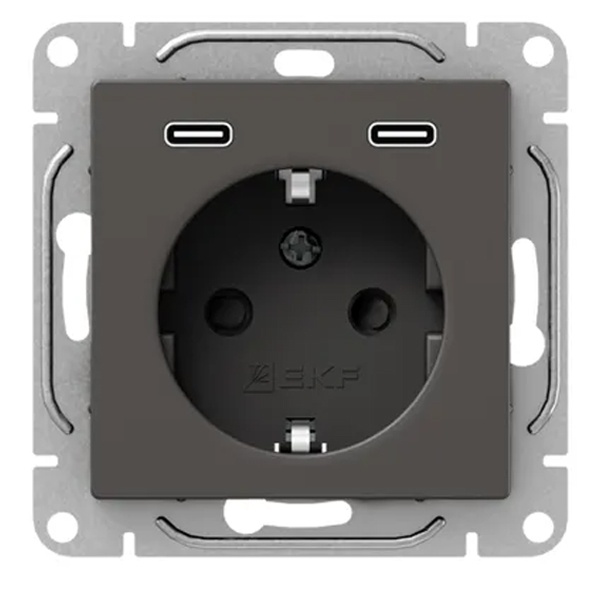 Механизм розетки EKF 2P+E 16А с USB-C - 2шт со шторками Эпика мокко