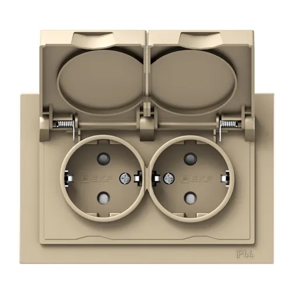 Двойная розетка EKF 2х2P+E 16А с защитными шторками с крышкой с рамкой IP44 Эпика шампань