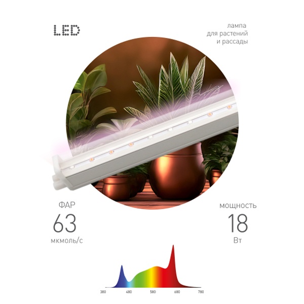 Светильник светодиодный для растений ФИТО ЭРА 18W Ra90 полного спектра 573x22x34,5mm