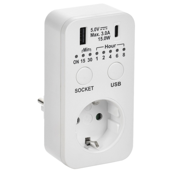 Розетка-таймер электронный ИЭК РТЭ-4 2P+E 16А  с USB A+C 15мин-8ч IP20 белый