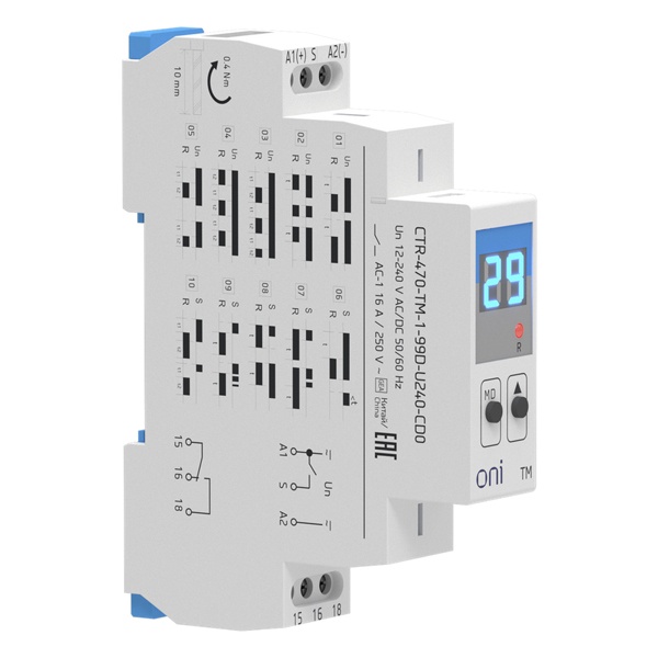 Реле времени многофункциональное ONI (ИЭК) TM с дисплеем 16А 2NO/NC 12-240В AC/DC