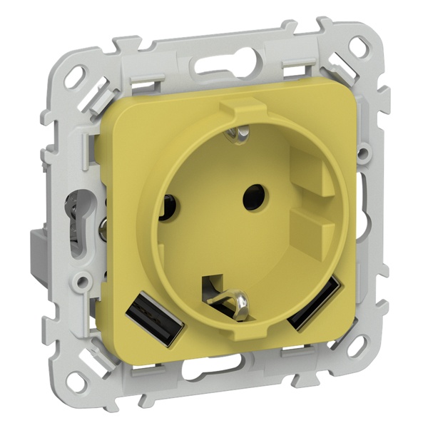 Розетка с зарядкой 2Р+Е со шторками ИЭК FLITE РСЮша11-1-ФлЖК 16А с USB AA 3,1А автозажим желтый карр
