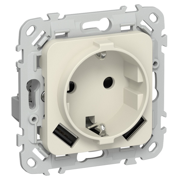 Розетка с зарядкой 2Р+Е со шторками ИЭК FLITE РСЮша11-1-ФлСл 16А с USB AA 3,1А автозажим сливочный