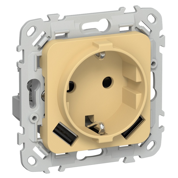 Розетка с зарядкой 2Р+Е со шторками ИЭК FLITE РСЮша11-1-ФлЗ 16А с USB AA 3,1А автозажим золотарник