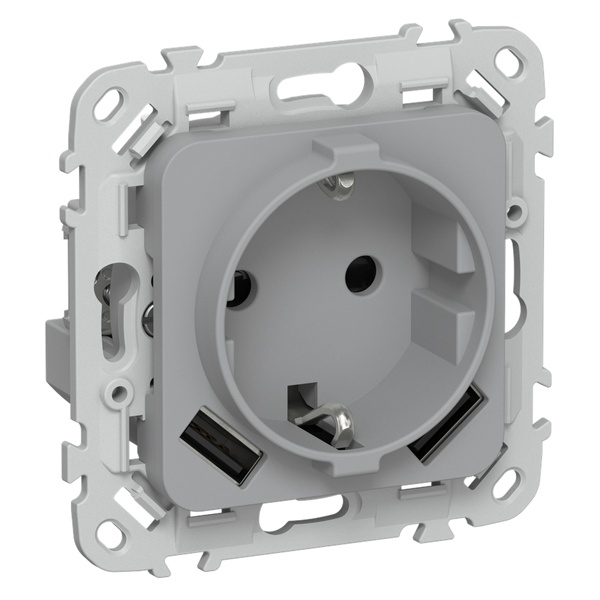 Розетка с зарядкой 2Р+Е со шторками ИЭК FLITE РСЮша11-0-ФлС 16А с USB AA 3,1А серый