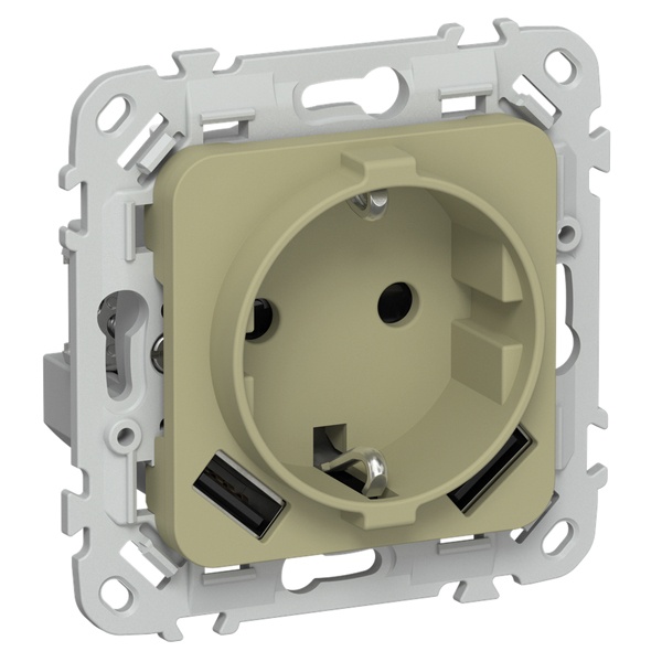 Розетка с зарядкой 2Р+Е со шторками ИЭК FLITE РСЮша11-0-ФлО 16А с USB AA 3,1А оливковый