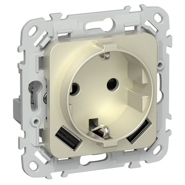 Розетка с зарядкой 2Р+Е со шторками ИЭК FLITE РСЮша11-0-ФлШ 16А с USB AA 3,1А шампань