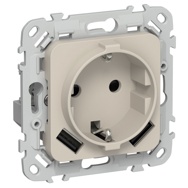 Розетка с зарядкой 2Р+Е со шторками ИЭК FLITE РСЮша11-0-ФлЛ 16А с USB AA 3,1А льняной