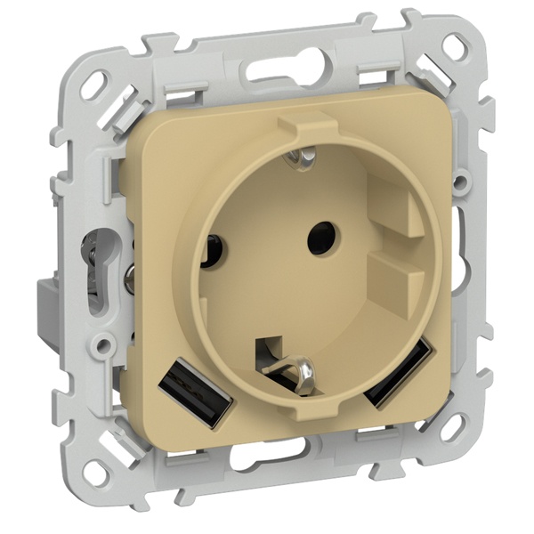 Розетка с зарядкой 2Р+Е со шторками ИЭК FLITE РСЮша11-0-ФлШм 16А с USB AA 3,1А шамуа