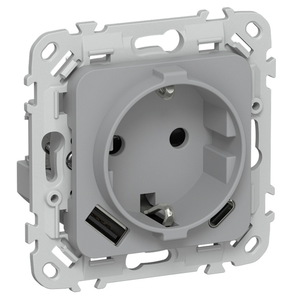 Розетка с зарядкой 2Р+Е со шторками ИЭК FLITE РСЮшс11-1-ФлС 16А с USB AC 20Вт автозажим серый