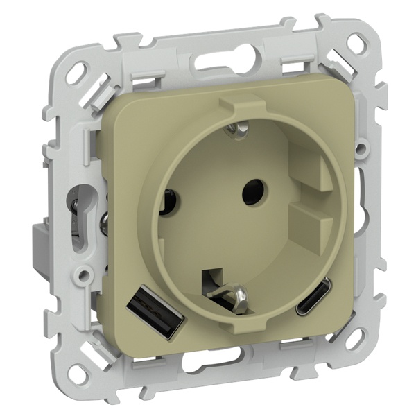 Розетка с зарядкой 2Р+Е со шторками ИЭК FLITE РСЮшс11-1-ФлО 16А с USB AC 20Вт автозажим оливковый