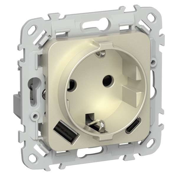 Розетка с зарядкой 2Р+Е со шторками ИЭК FLITE РСЮшс11-1-ФлШ 16А с USB AC 20Вт автозажим шампань