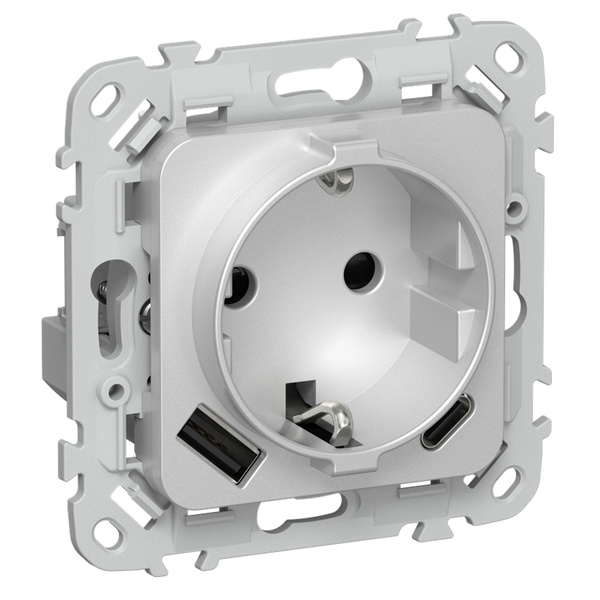 Розетка с зарядкой 2Р+Е со шторками ИЭК FLITE РСЮшс11-1-ФлА 16А с USB AC 20Вт автозажим алюминий