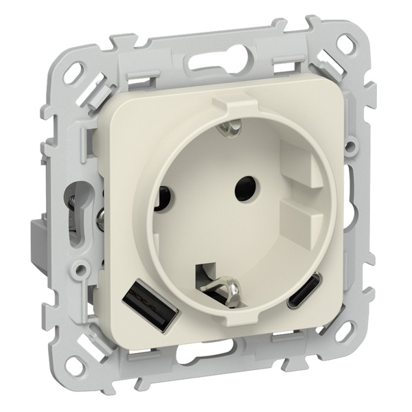 Розетка с зарядкой 2Р+Е со шторками ИЭК FLITE РСЮшс11-1-ФлСл 16А с USB AC 20Вт автозажим сливочный