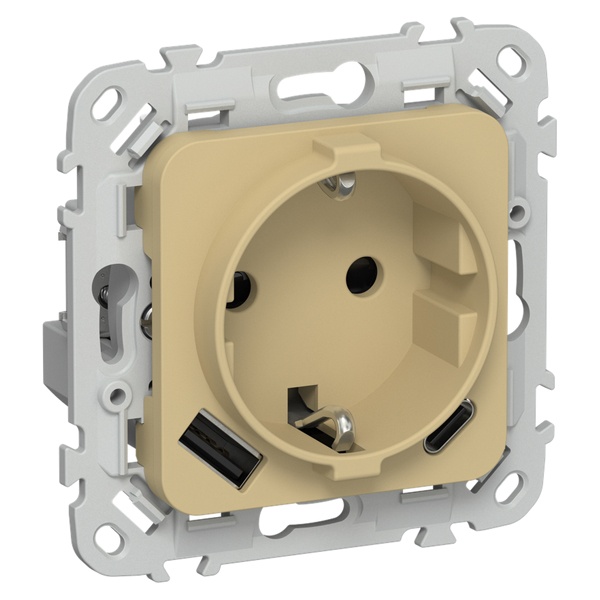 Розетка с зарядкой 2Р+Е со шторками ИЭК FLITE РСЮшс11-1-ФлШм 16А с USB AC 20Вт автозажим шамуа