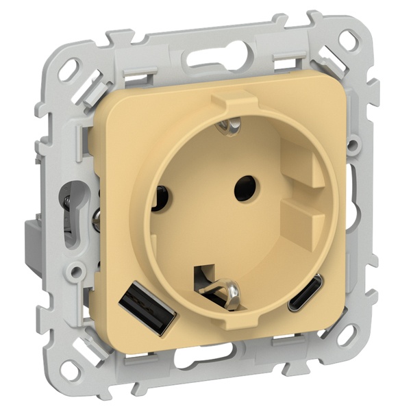 Розетка с зарядкой 2Р+Е со шторками ИЭК FLITE РСЮшс11-1-ФлЗ 16А с USB AC 20Вт автозажим золотарник