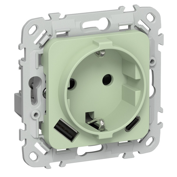 Розетка с зарядкой 2Р+Е со шторками ИЭК FLITE РСЮшс11-1-ФлФ 16А с USB AC 20Вт автозажим фисташковый