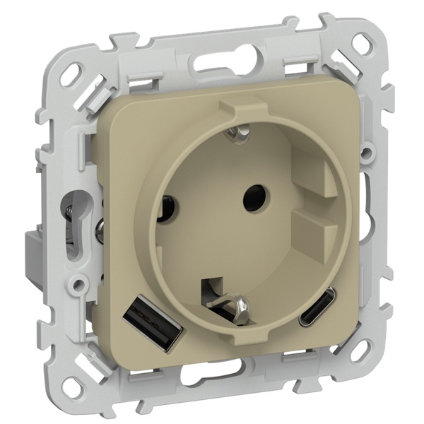 Розетка с зарядкой 2Р+Е со шторками ИЭК FLITE РСЮшс11-0-ФлХ 16А с USB AC 20Вт хаки