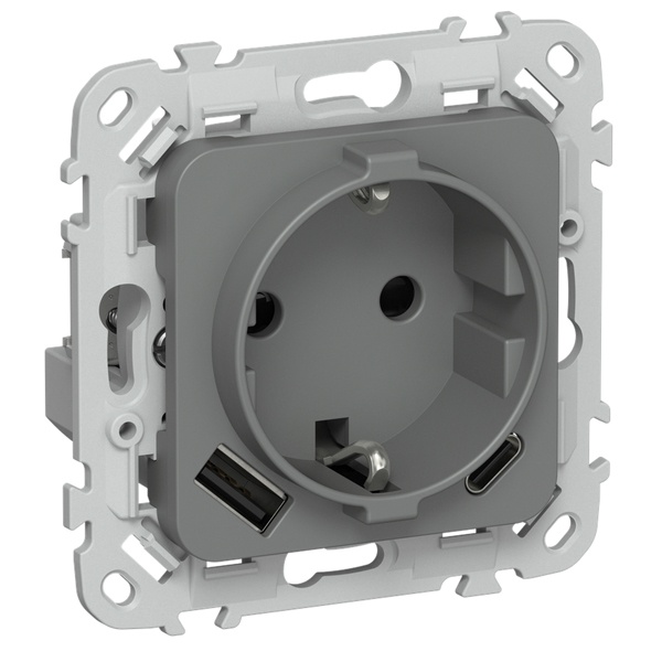 Розетка с зарядкой 2Р+Е со шторками ИЭК FLITE РСЮшс11-0-ФлМА 16А с USB AC 20Вт мокрый асфальт