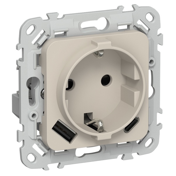 Розетка с зарядкой 2Р+Е со шторками ИЭК FLITE РСЮшс11-0-ФлЛ 16А с USB AC 20Вт льняной