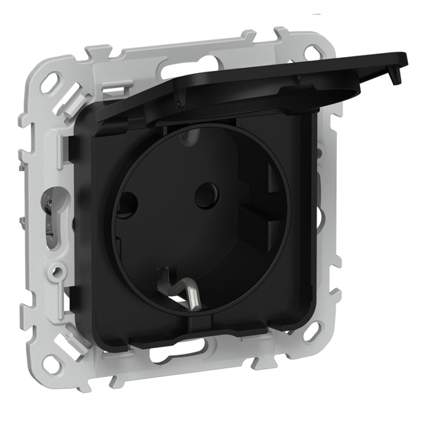 Розетка с заземлением ИЭК FLITE РСшкр11-1-44-ФлЧ 16А шторки крышка IP44 автозажим черный