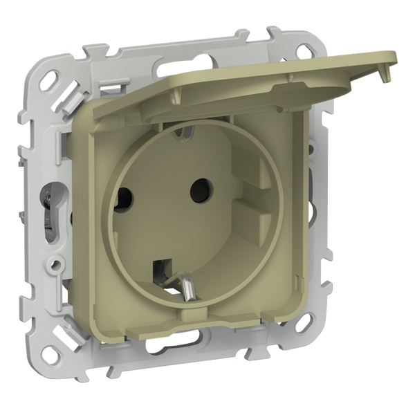Розетка с заземлением ИЭК FLITE РСшкр11-1-44-ФлО 16А шторки крышка IP44 автозажим оливковый