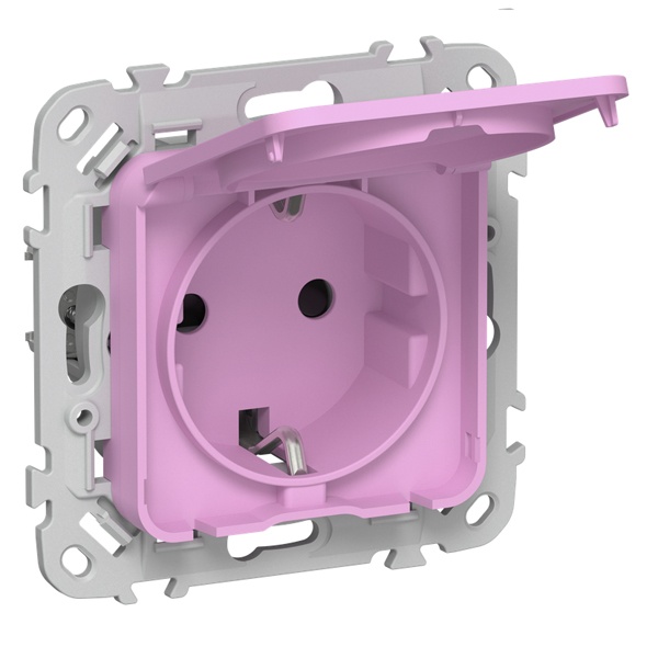 Розетка с заземлением ИЭК FLITE РСшкр11-1-44-ФлПр 16А шторки крышка IP44 автозажим пурпурный