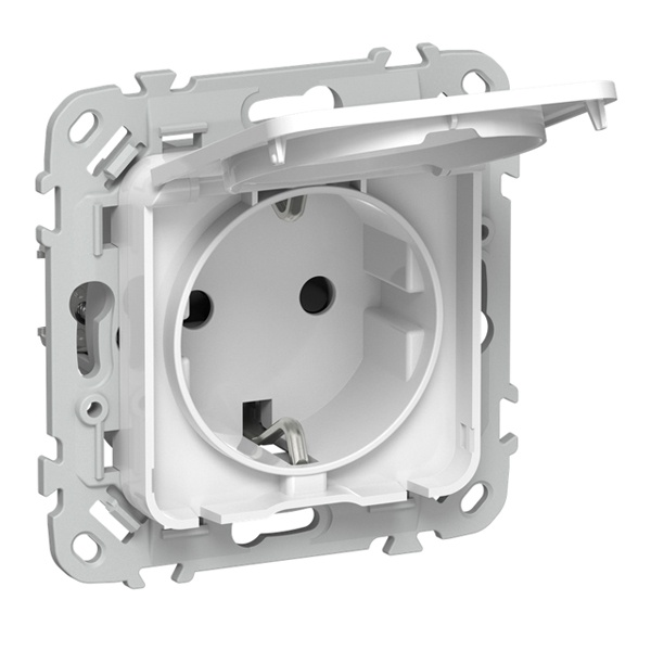 Розетка с заземлением ИЭК FLITE РСшкр11-0-44-ФлБ 16А шторки крышка IP44 белый