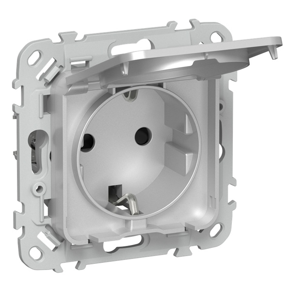 Розетка с заземлением ИЭК FLITE РСшкр11-0-44-ФлА 16А шторки крышка IP44 алюминий