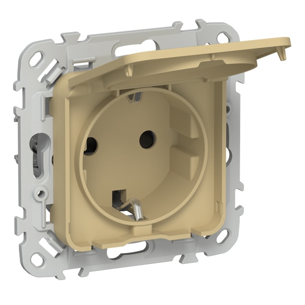 Розетка с заземлением ИЭК FLITE РСшкр11-0-44-ФлШм 16А шторки крышка IP44 шамуа