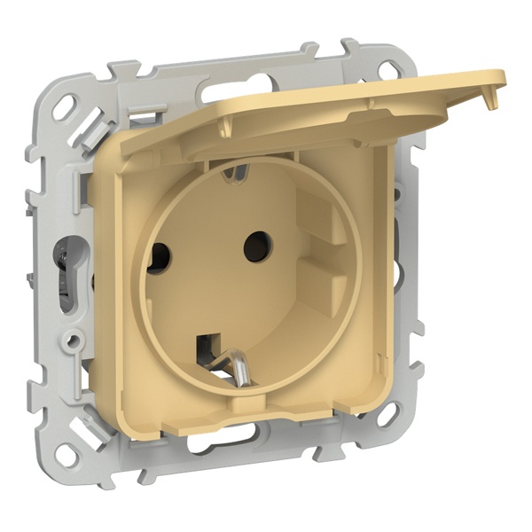 Розетка с заземлением ИЭК FLITE РСшкр11-0-44-ФлЗ 16А шторки крышка IP44 золотарник