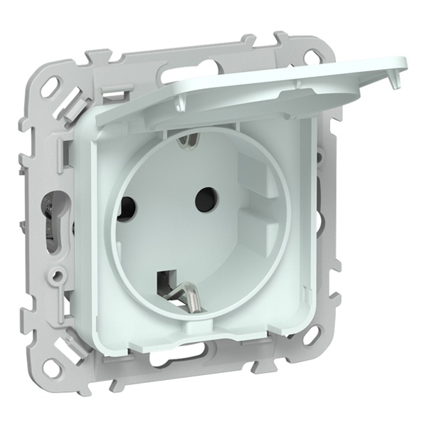 Розетка с заземлением ИЭК FLITE РСшкр11-0-44-ФлХЛ 16А шторки крышка IP44 холодный лёд