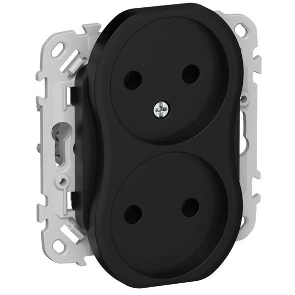 Розетка 2-я без заземления в сборе ИЭК FLITE РСш02-1-ФлЧ 10А шторки автозажим черный