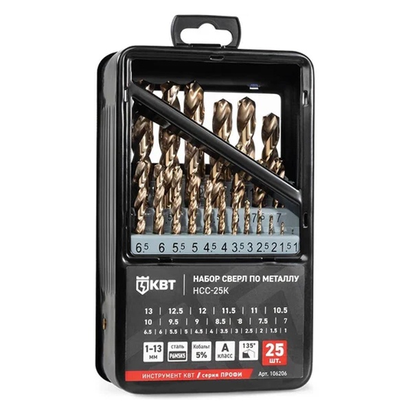 Набор сверл КВТ по металлу НСС-25К Профи 25 шт. сталь М35 (Р6М5К5) Кобальт и Молибден, 1-13 мм