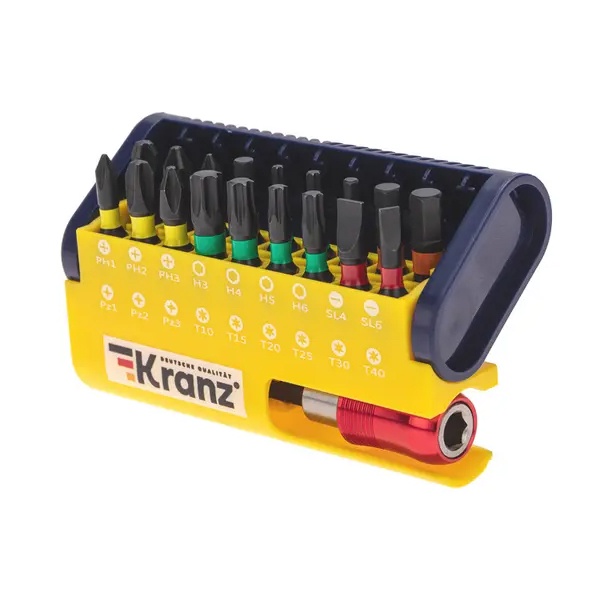 Набор бит Kranz с магнитным держателем 19 шт в пластиковом кейсе
