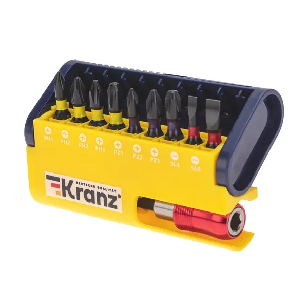 Набор бит Kranz с магнитным держателем 10 шт в пластиковом кейсе