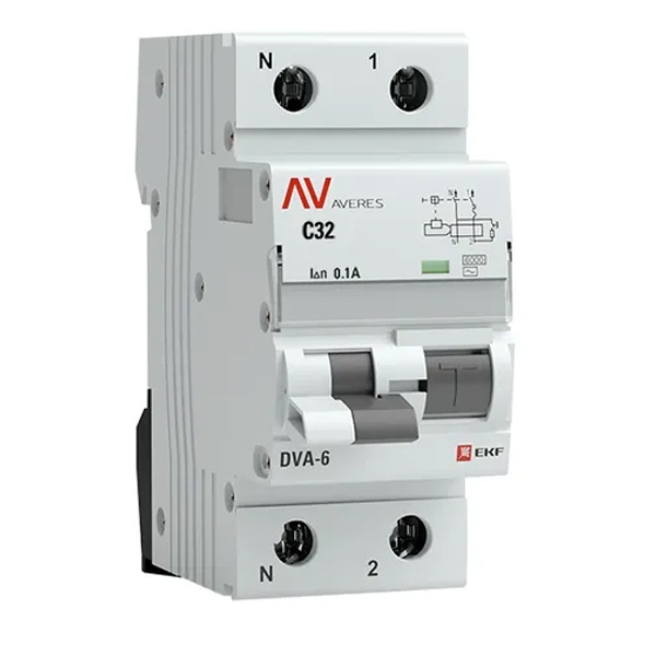 Дифавтомат EKF AVERES DVA-6 C32А 1P+N 100мА тип AC однофазный электромеханический 6кА (дифференциальный автомат, АВДТ)