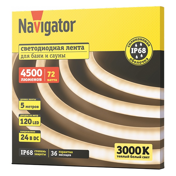 Светодиодная термостойкая лента Navigator NLS-03 2835 120Led 14.4W/m 3000K 24V IP68 для бани/сауны
