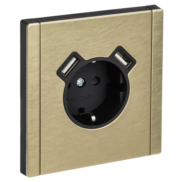 Розетка с зарядкой ИЭК FORTE&PIANO FP645M 2Р+Е 16А шторки USB A+A 3,1А металл шампань